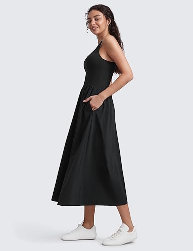 CRZ YOGA Square Neck Maxi Dress for Women - Flowy Sleeveless Padded Travel Casual Outfits with Side Pockets