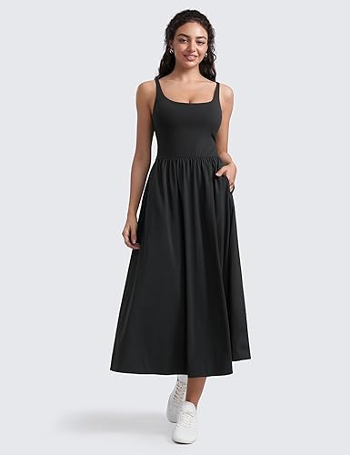 CRZ YOGA Square Neck Maxi Dress for Women - Flowy Sleeveless Padded Travel Casual Outfits with Side Pockets