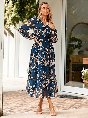 Simplee Women's Floral Boho Long Sleeve Maxi Dress V Neck Empire Waist Swing Flowy Wedding Guest Dress